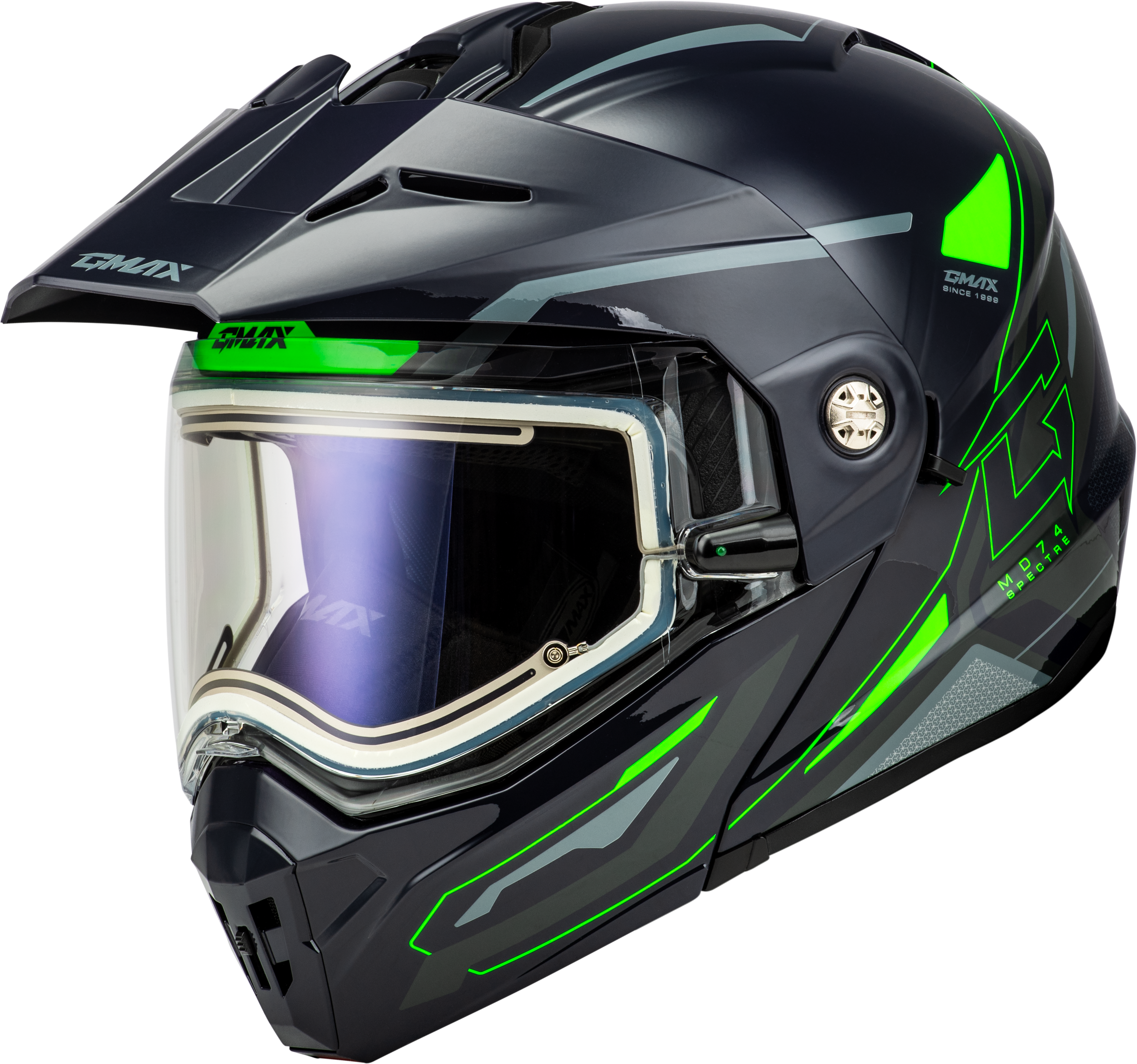 MD-74S SPECTRE SNOW HELMET W/ ELEC SHIELD GREY/NEON GREEN SM