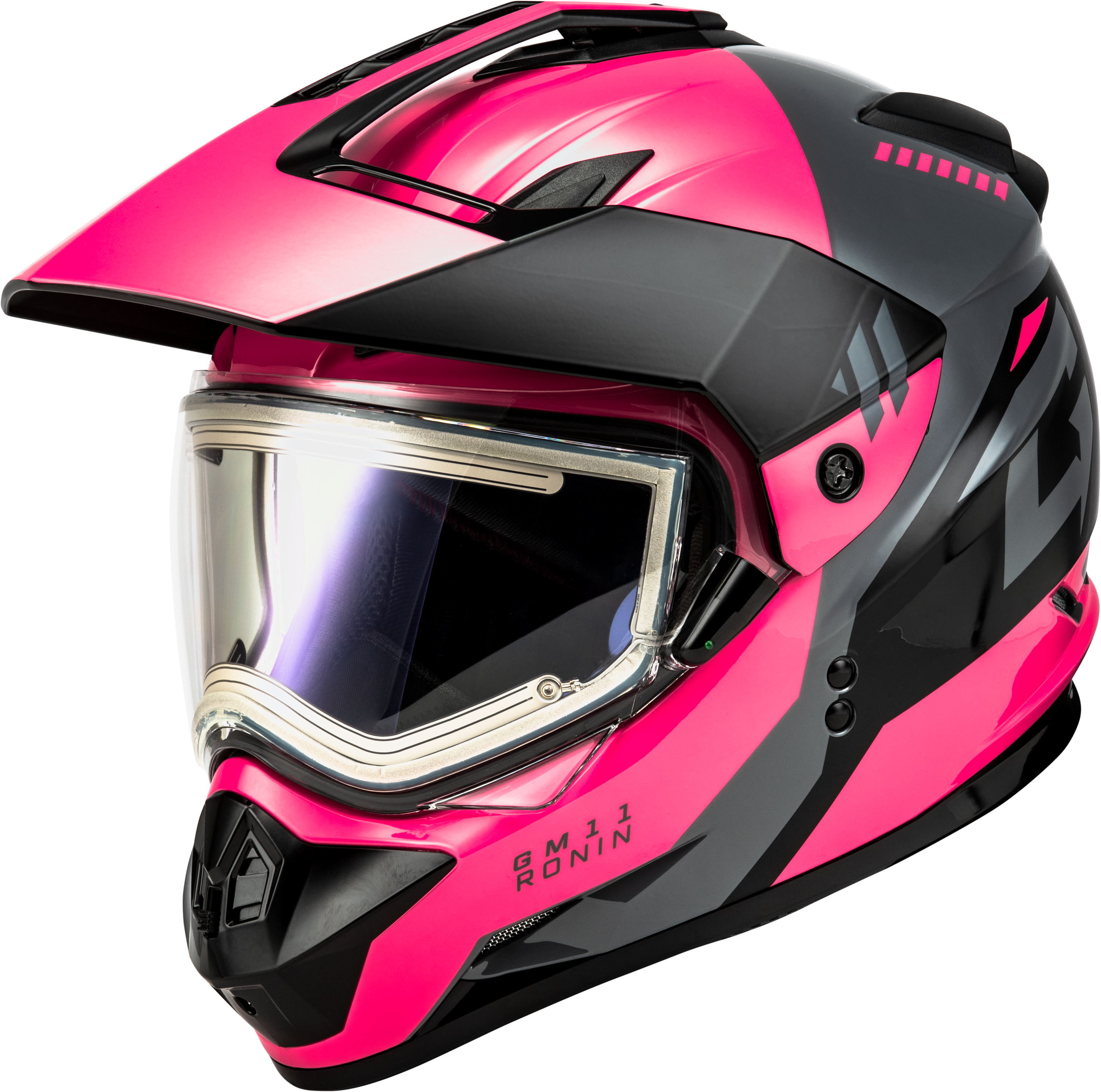 GM-11S RONIN SNOW HELMET W/ ELEC SHIELD BLACK/GREY/PINK SM