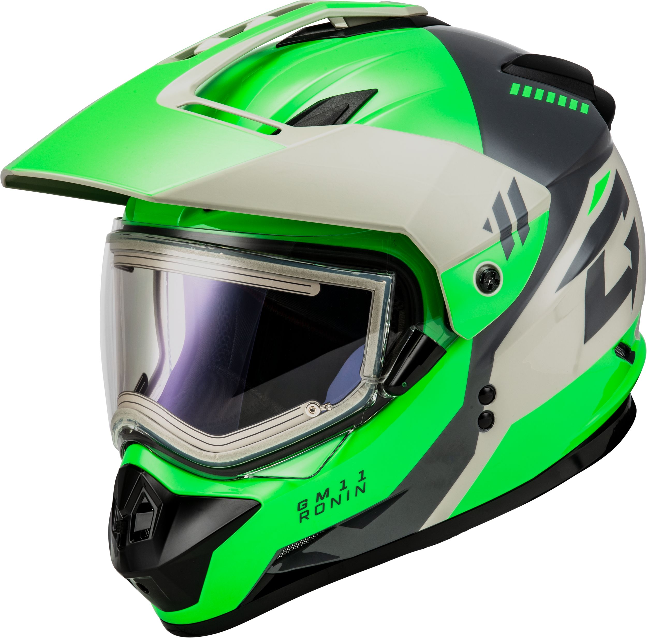 GM-11S RONIN SNOW HELMET W/ ELEC SHIELD GREEN/GREY 3X