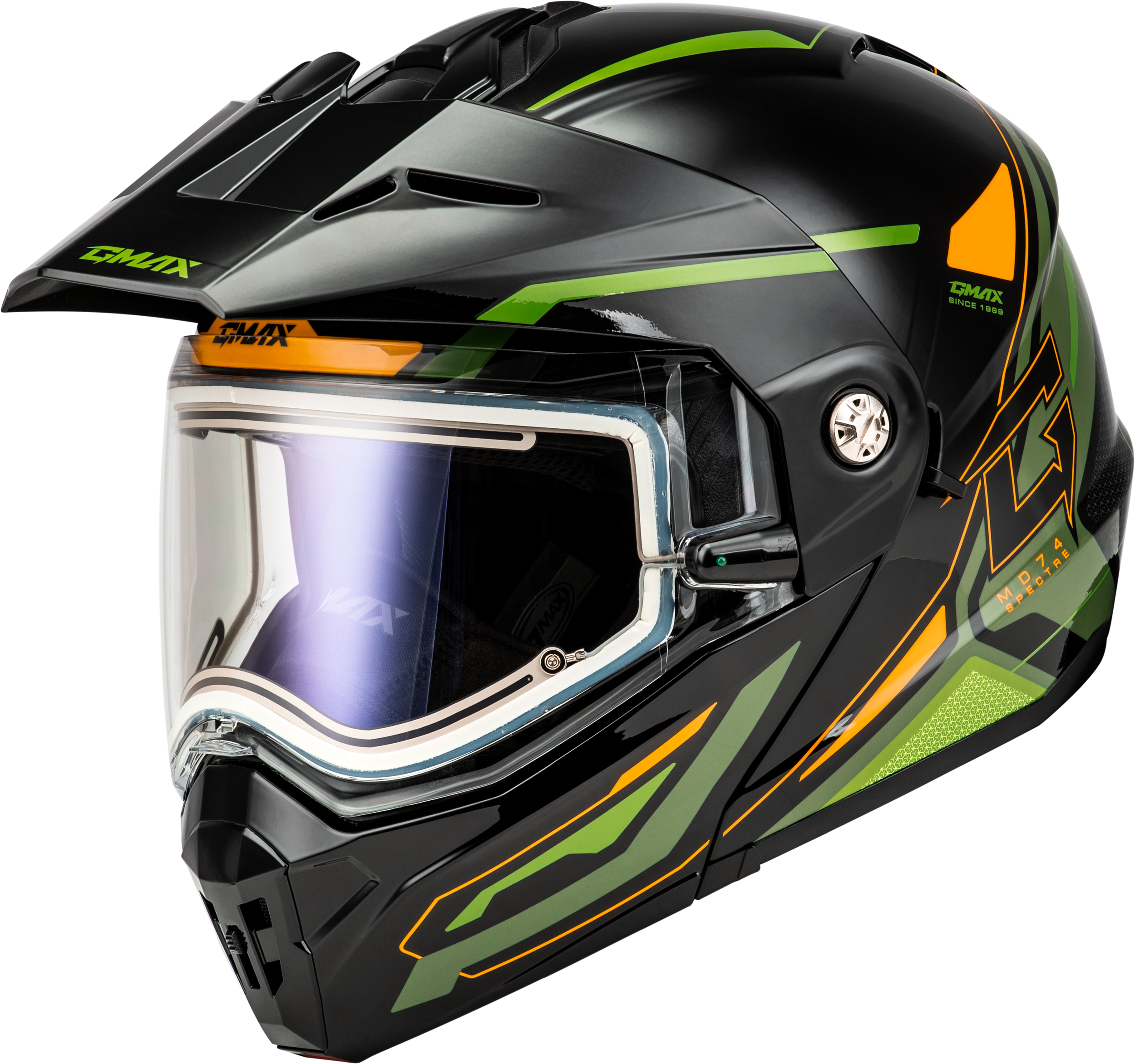 MD-74S SPECTRE SNOW HELMET W/ ELEC SHIELD BLACK/GREEN XL